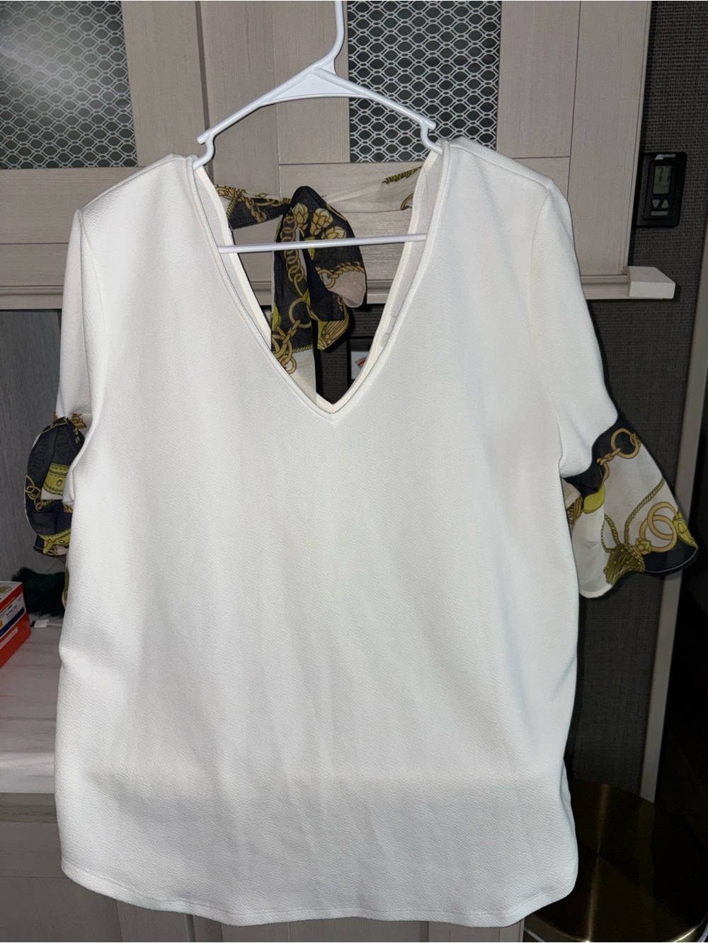 New York & Company Cream V-Neck Blouse with Patterned Sleeve Ties